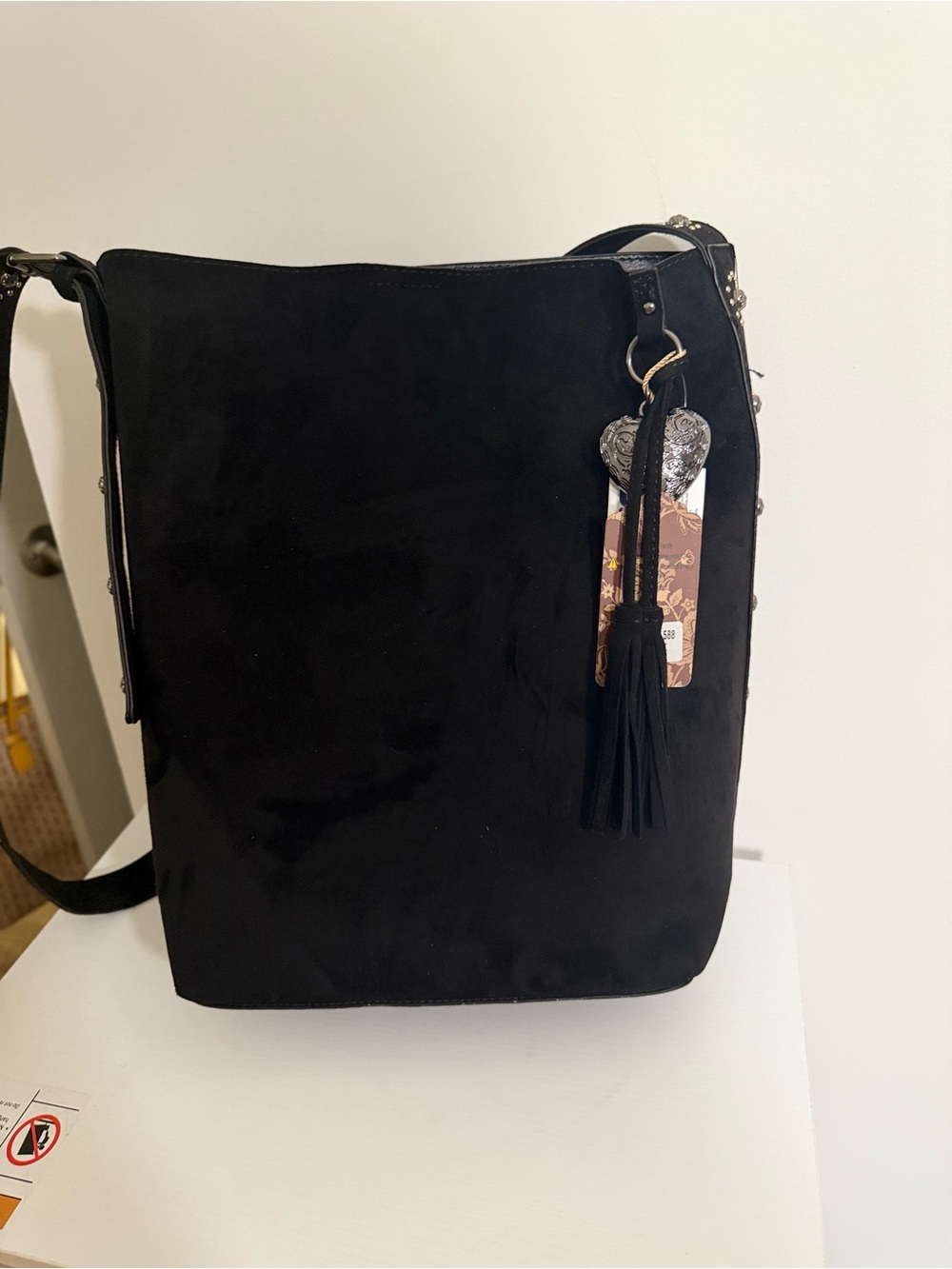 Black Suede Crossbody Bag with Tassel Charm